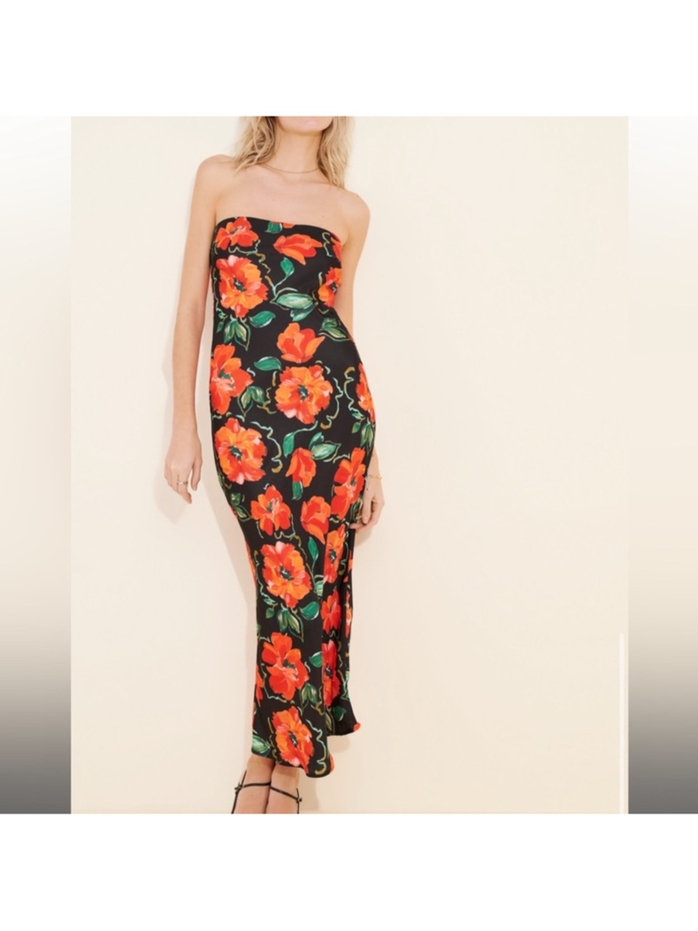 RESA Black Strapless Maxi Dress with Red Floral Print